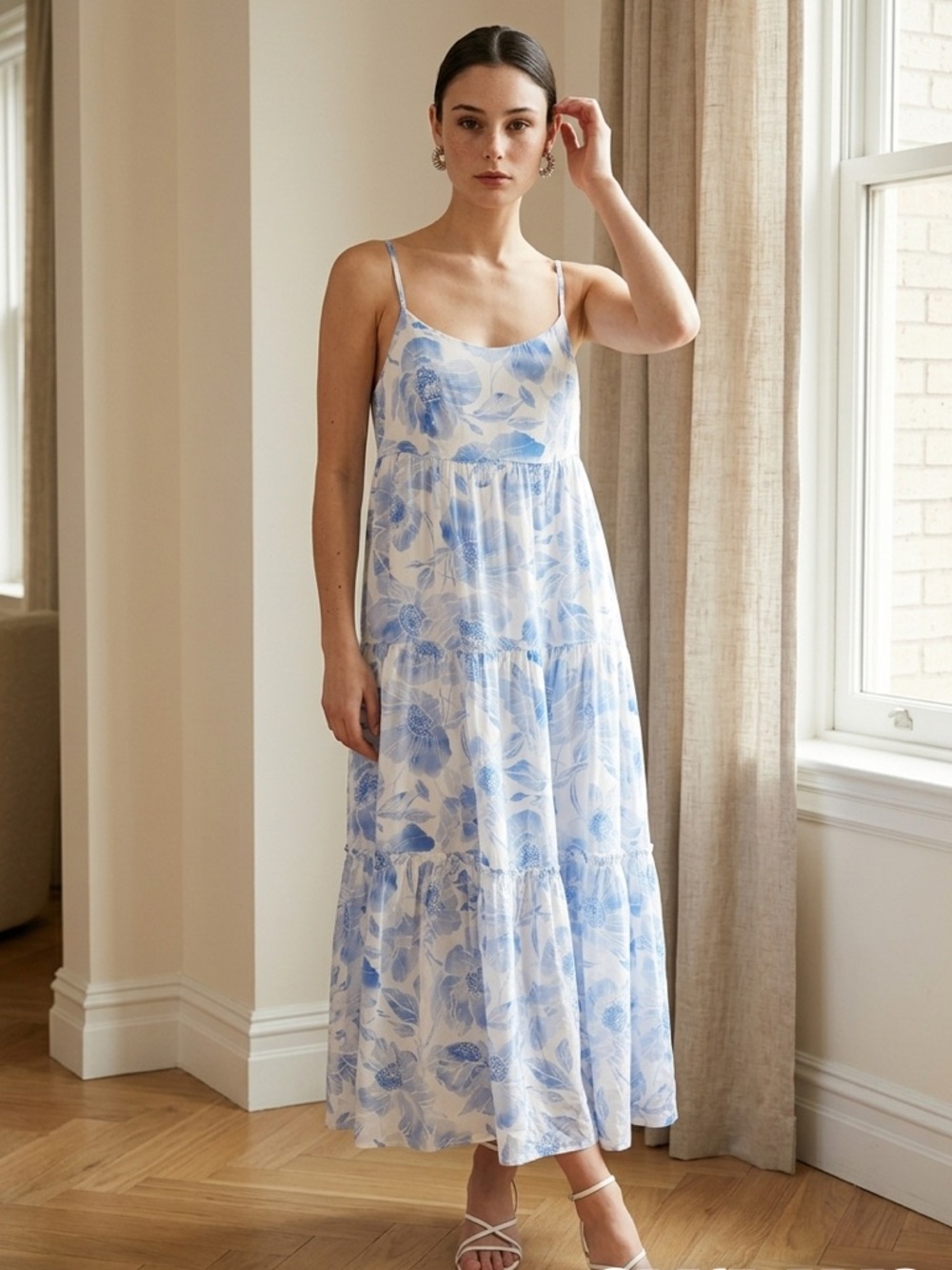 Storia Light Blue Floral Tiered Maxi Dress with Spaghetti Straps